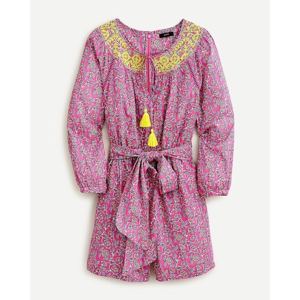 J Crew Embroidered Romper Women 8 EUC Long Sleeve Lined Cotton Tassel Round Neck